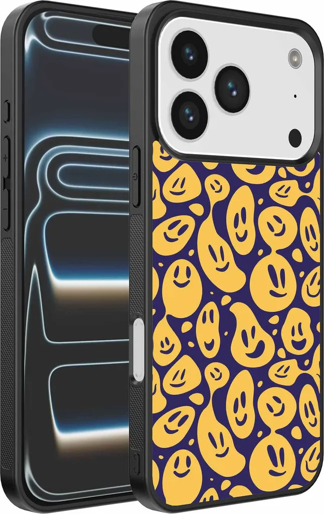 Adatto per iPhone 17 Pro Custodia per telefono con stampa di smiley - Custodia posteriore in TPU con design emoji - Viola Giallo - Smartphonica