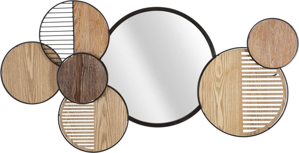 A wall mirror with a decorative frame made of circular wooden and metal elements.
