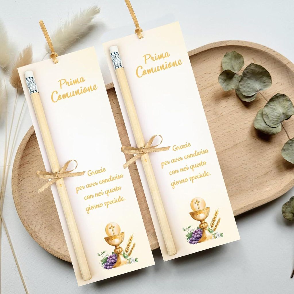 30 Stück Tischkarten für die Kommunion - Gastgeschenk mit Lesezeichen und Geschenkband - goldfarbene Einladungen - Tischdekoration zur ersten Kom...