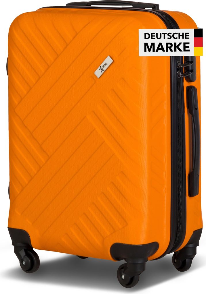 An orange suitcase is shown against a white background.
