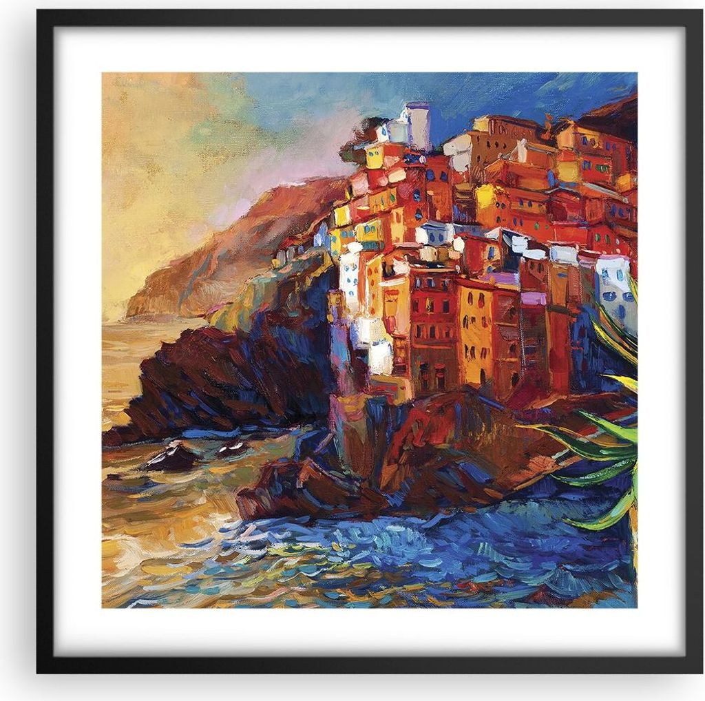 Gerahmtes Poster - Schwarzer Rahmen - Manarola Bunt Öl - 50x50 cm - Wand Bild - Wanddeko - Wandbilder - Kunstposter - Wandposter - Bilderrahmen - ...