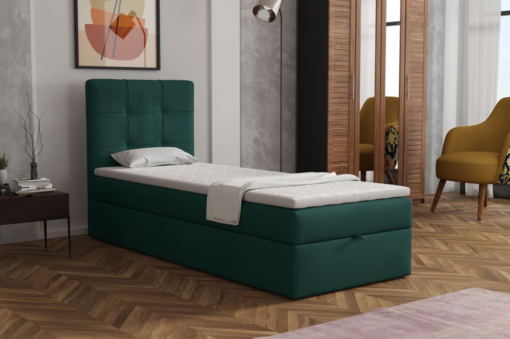 MR GROUP Boxspringbett NAPOLI 70 x 200 cm Kinderbett, Jugendbett, Einzelbetten, Bett mit Stauraum, Polsterbett Matratze Topper H3 Schlafzimmer, grün