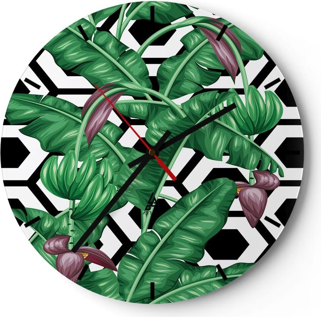 Wanduhr - Rund - Glasuhr - Blatt Pflanze Blume - 30x30cm - Schleichendes Uhrwerk - Lautlos - zum Aufhängen bereit - Dekoration Modern - Wanddekora...