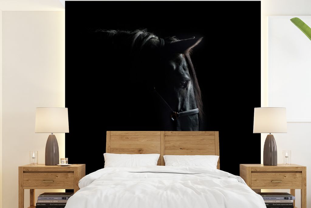 MuchoWow Fototapete für Wohnzimmer oder Schlafzimmer Wandtapete Vinyl Motivtapete Pferd - Leicht - Schwarz - 240x260 cm - Tapezier Papier