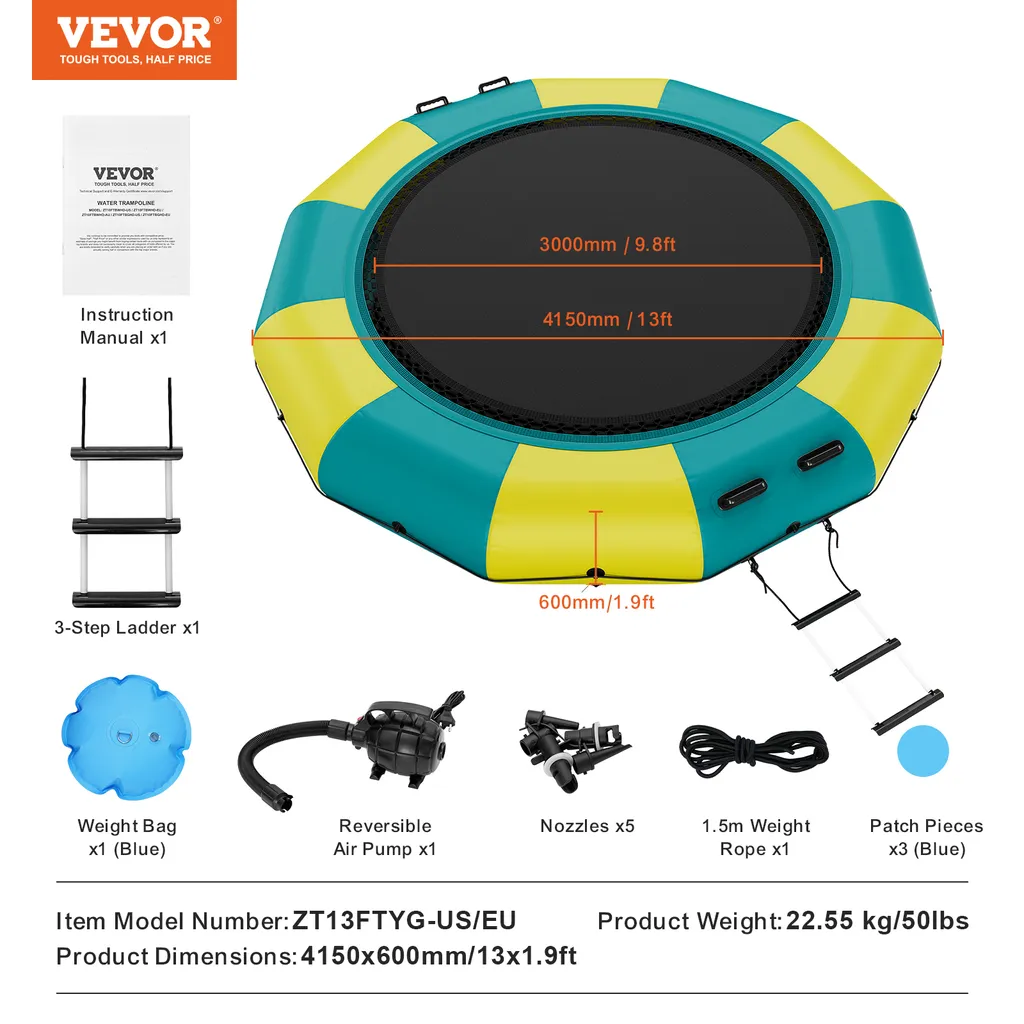 Trampoline Eau 3,96m Résistant avec Échelle - Capacité de 226kg
