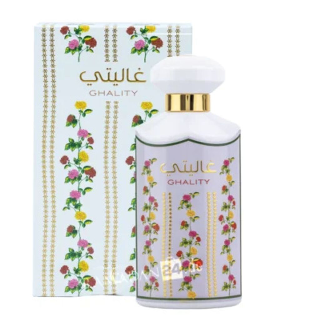 A perfume bottle and its box, both decorated with floral patterns.