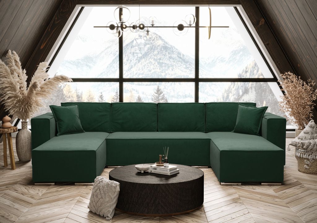 AX LIVING Grün Ecksofa mit Schlaffunktion U-Form Vinoria 327 cm