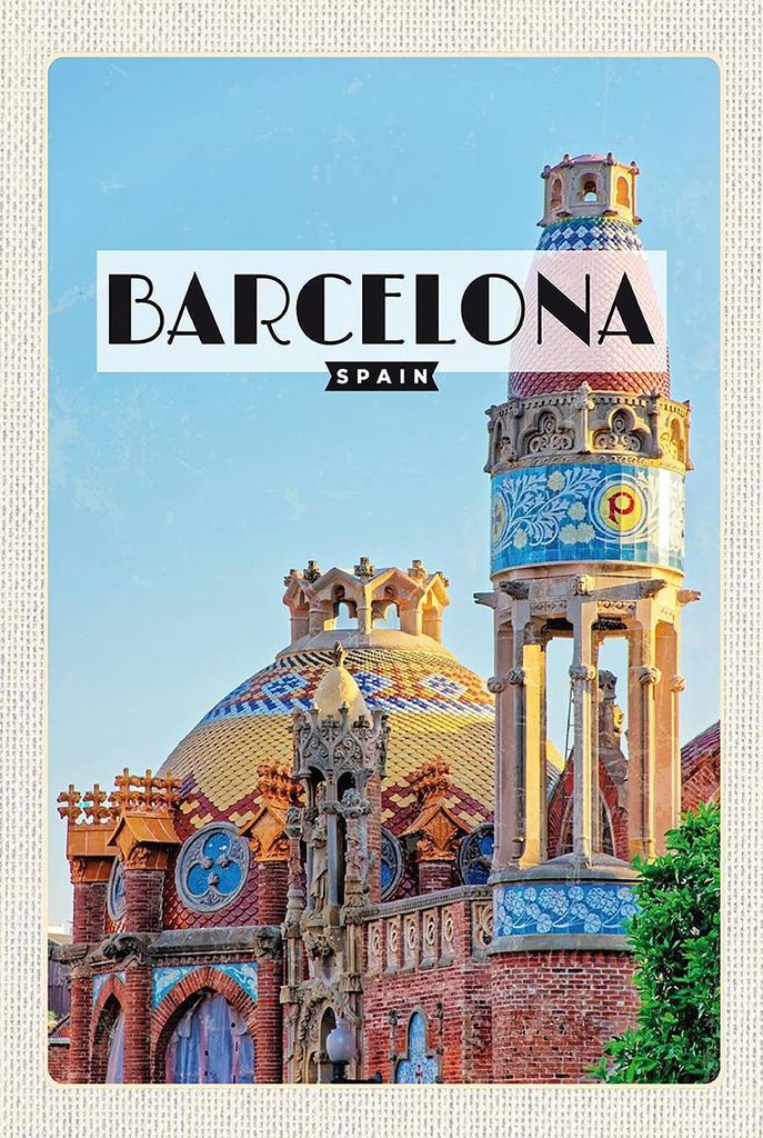 vianmo Holzschild 18x12 cm Barcelona Reiseziel Mosaikstil Bildmotiv Reisemotiv Abenteuer Reisen