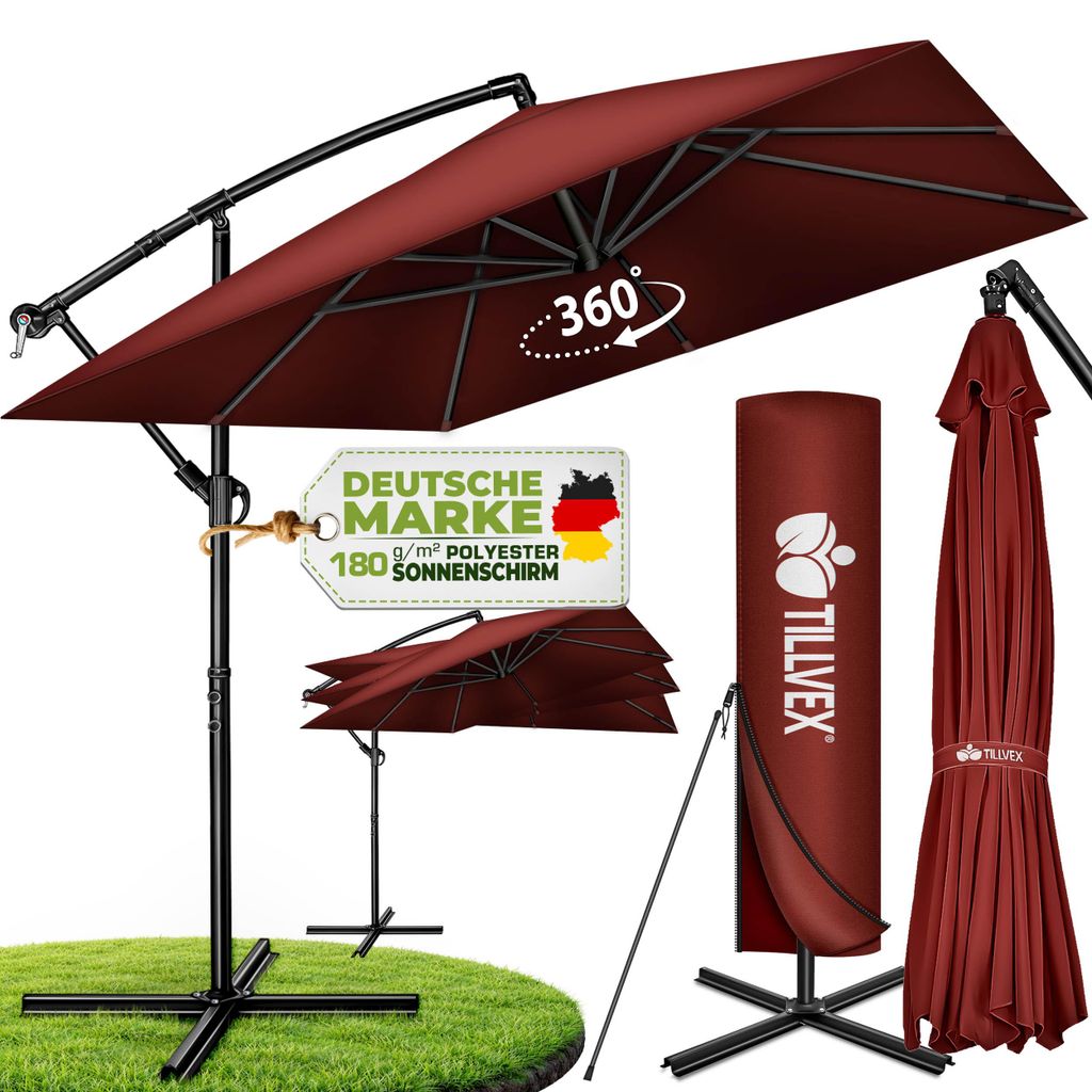 tillvex® Alu Sonnenschirm Rechteckig Ø 330 cm Rot + Produktbild  KI-generiertes Bild