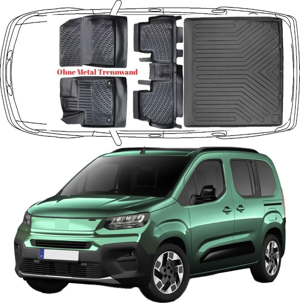 3D Auto Fußmatten & Kofferraumwanne Set Kompatibel mit FIAT Doblo Typ K9 ab 2022 *Ohne Metal Trennwand