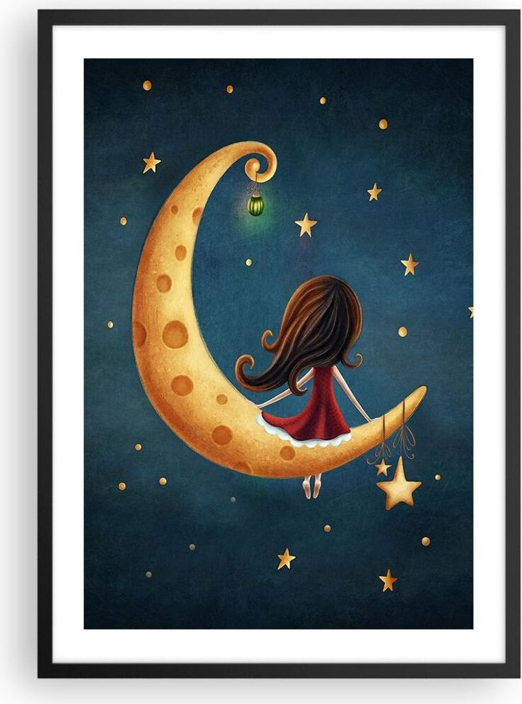 Gerahmtes Poster - Schwarzer Rahmen - Kinder Mädchen Mond - 50x70 cm - Wand Bild - Wanddeko - Wandbilder - Kunstposter - Wandposter - Bilderrahmen...