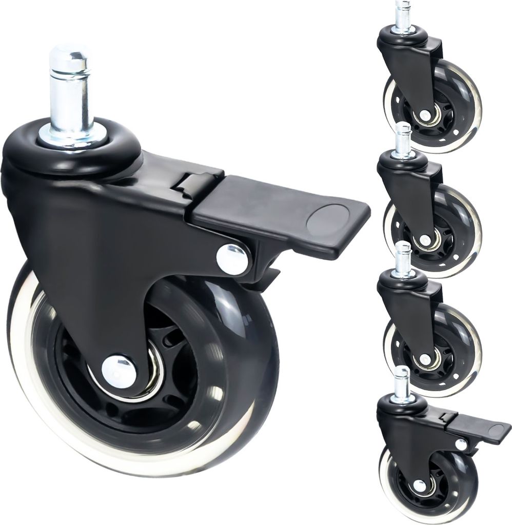 HMF 6810 Hartbodenrollen für Bürostuhl mit Bremsfunktion, 5 Stück, 11 mm, Schwarz
