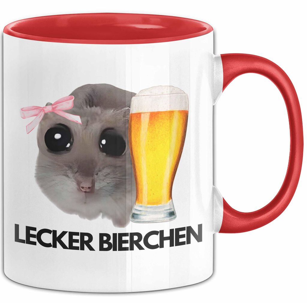 Sad Hamster Tasse Lecker Bierchen Geschenkidee Dank Meme Trauriger Hamster Schleife (Rot)