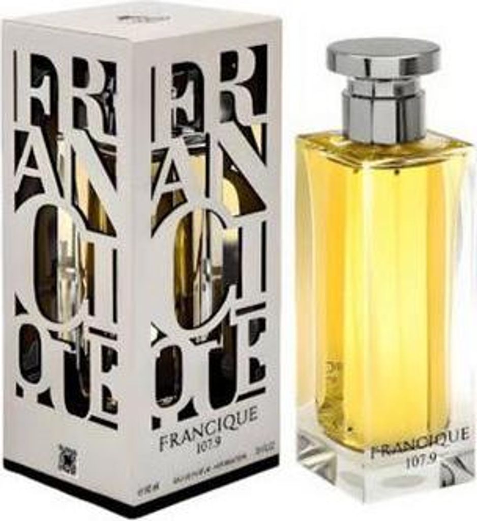 A perfume bottle and its packaging are displayed side-by-side against a white background.