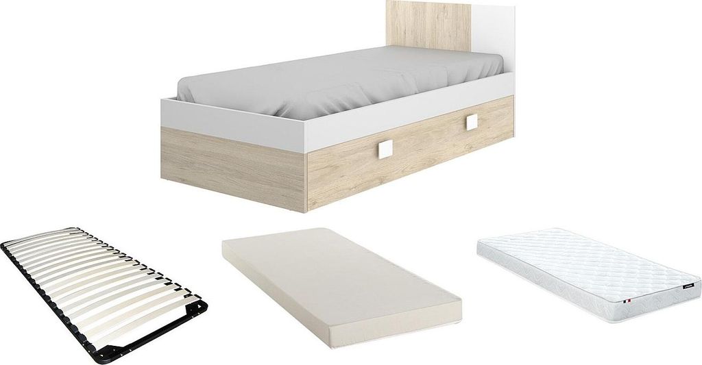 Ausziehbares Bett 2 × 90 × 190 cm - MDF - Farbe: Natur und weiß + Matratze + Rahmen - SONIA
