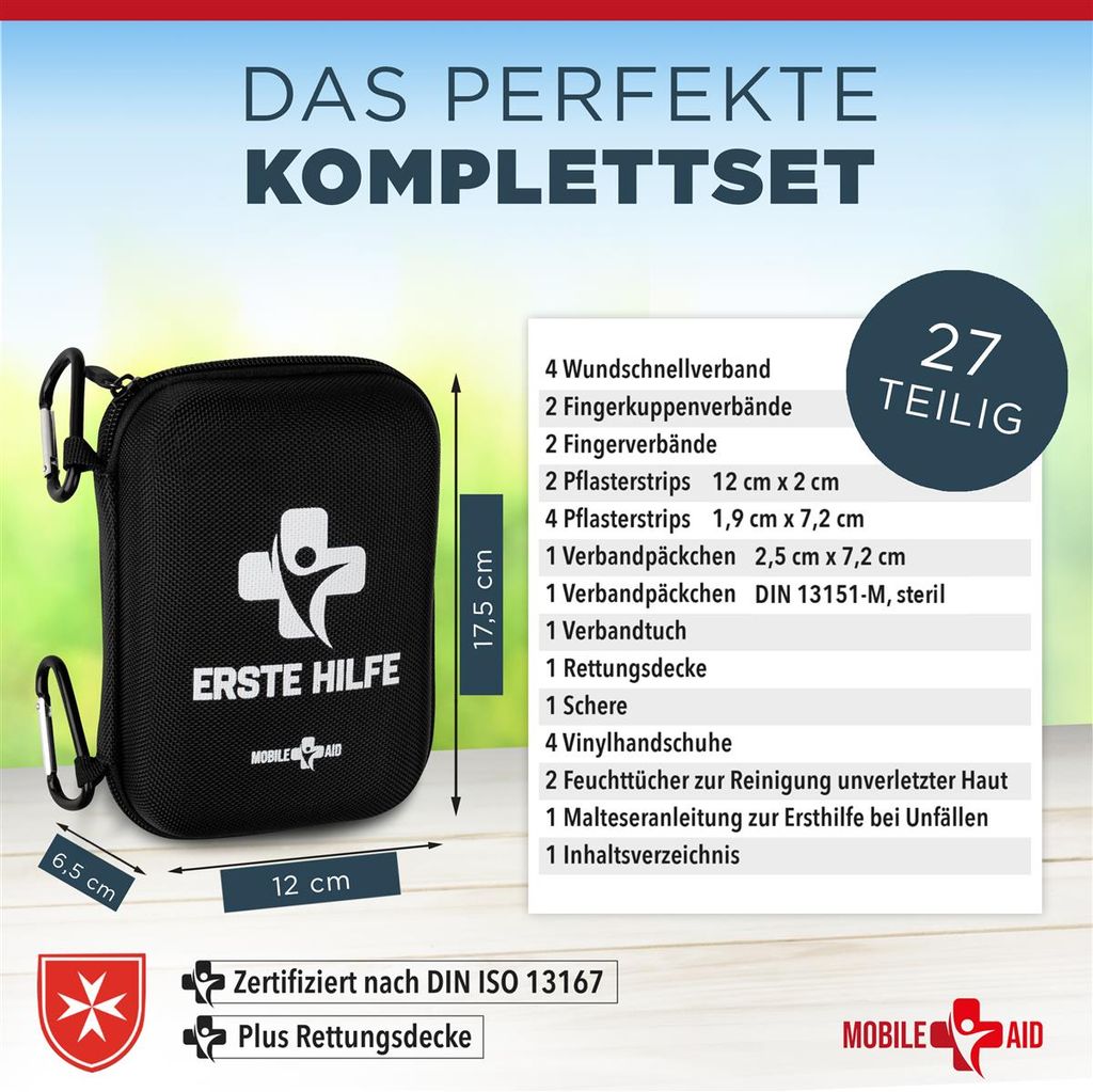 Mobile Aid Erste Hilfe Set Outdoor - Nach DIN 13167 & aus Deutschland -  30tlg. First Aid Kit + Notfallbeatmungshilfe & Hydrogelverband - Sport &  Reise