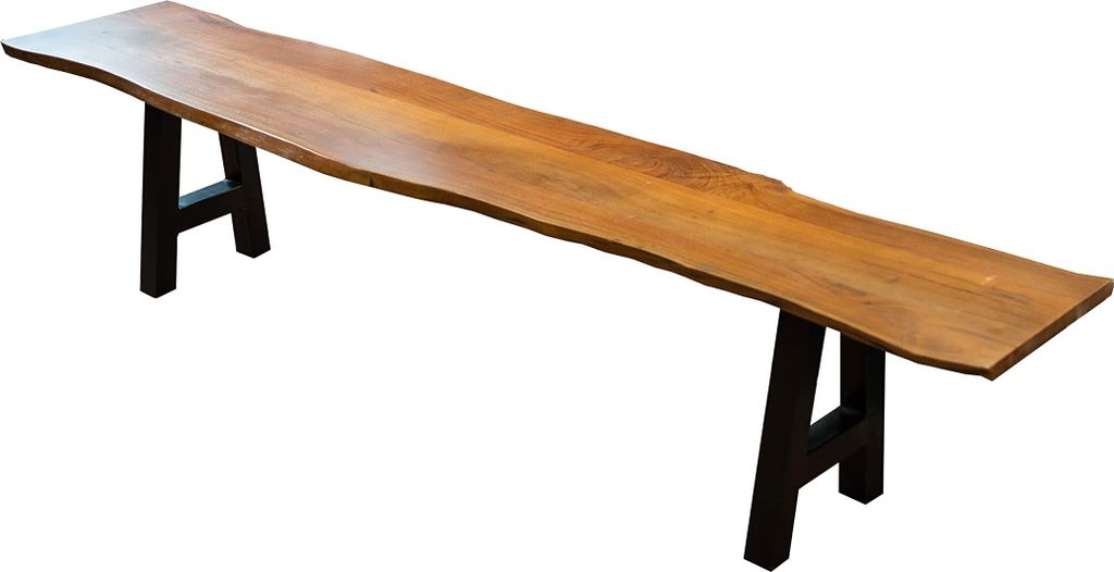 Esszimmerbank 180x42 cm Quintus, Akazienholz massiv & nussbaumfarben, echte Baumkante, Baumkantenbank mit A-Gestell Schwarz, Sitzbank mit 26 mm Platte