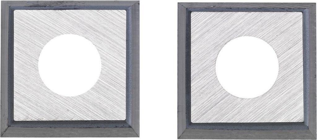 Two identical square metal inserts with a circular cutout in the center, presented side-by-side on a white background.