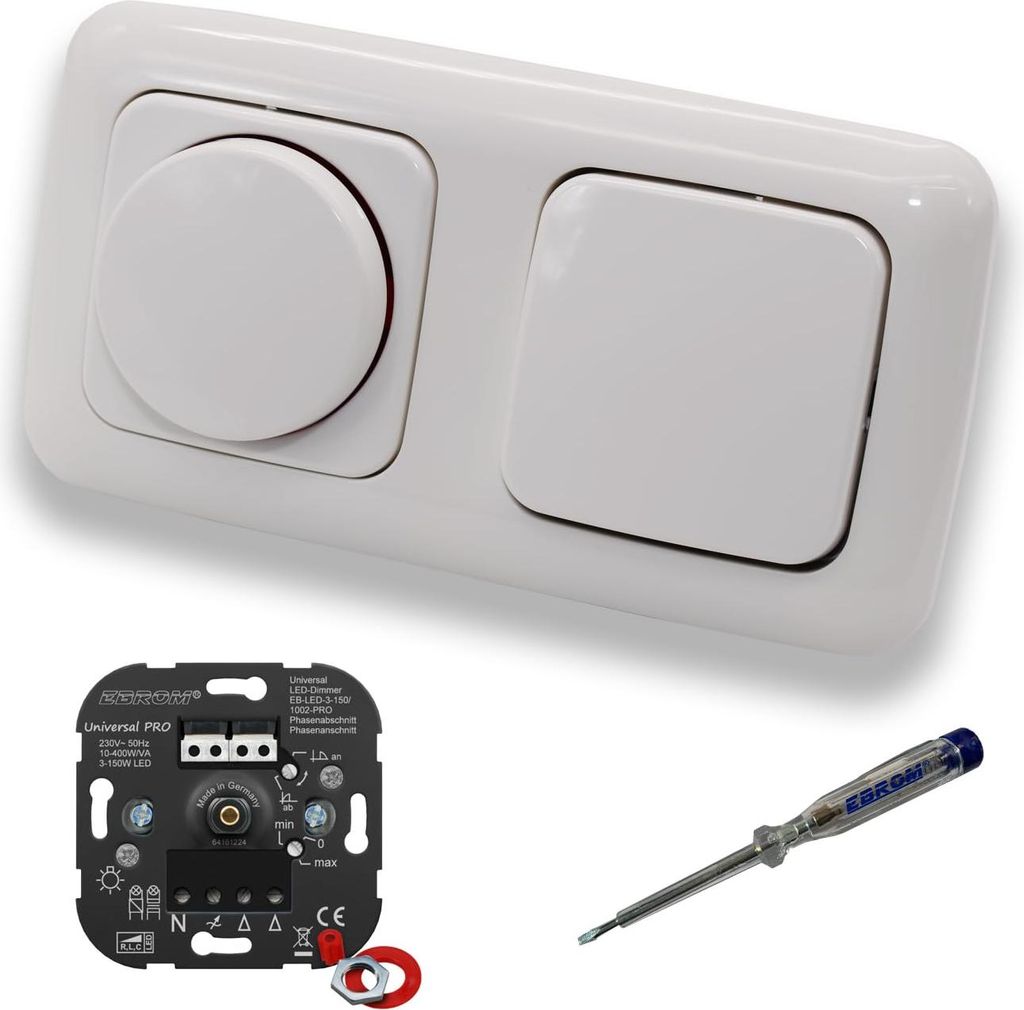 EBROM 1002 Universal PRO LED Drehdimmer Dimmer + Busch Jäger Dimmerscheibe 2115-214 und Lichtschalter 2000/6 US in Reflex Si alpinweiß glänzend ...