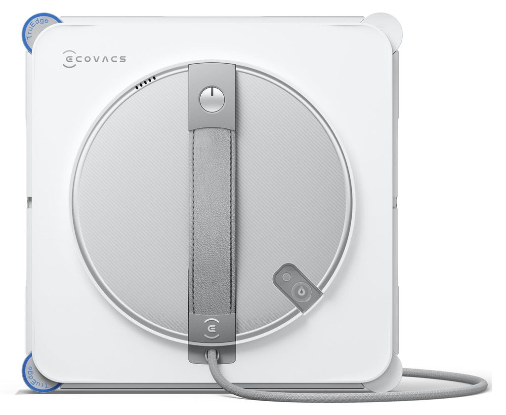A white window cleaning robot with a gray handle and cord, shown from a top-down perspective against a white background.