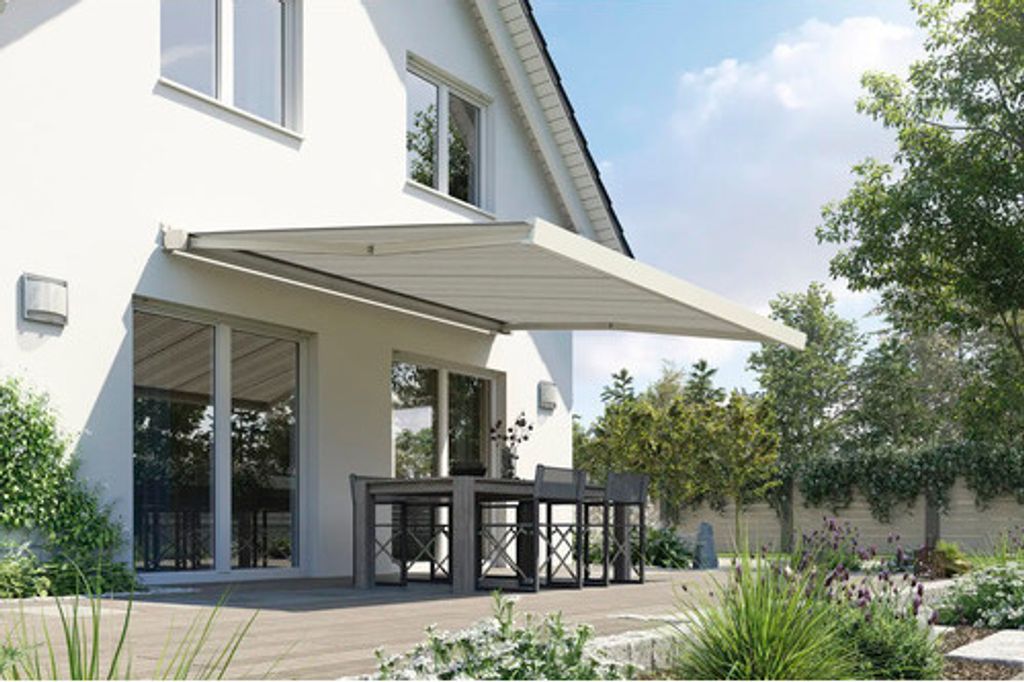 SOLUNA Kassettenmarkise Modern 5x1,5 Stoff Dessin A131 Gestell RAL 9010 reinweiß links inkl.Motor und Wandschalter