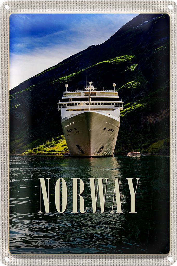 Blechschild Reise 18x12cm Norwegen Yacht Gebirge Meer Natur