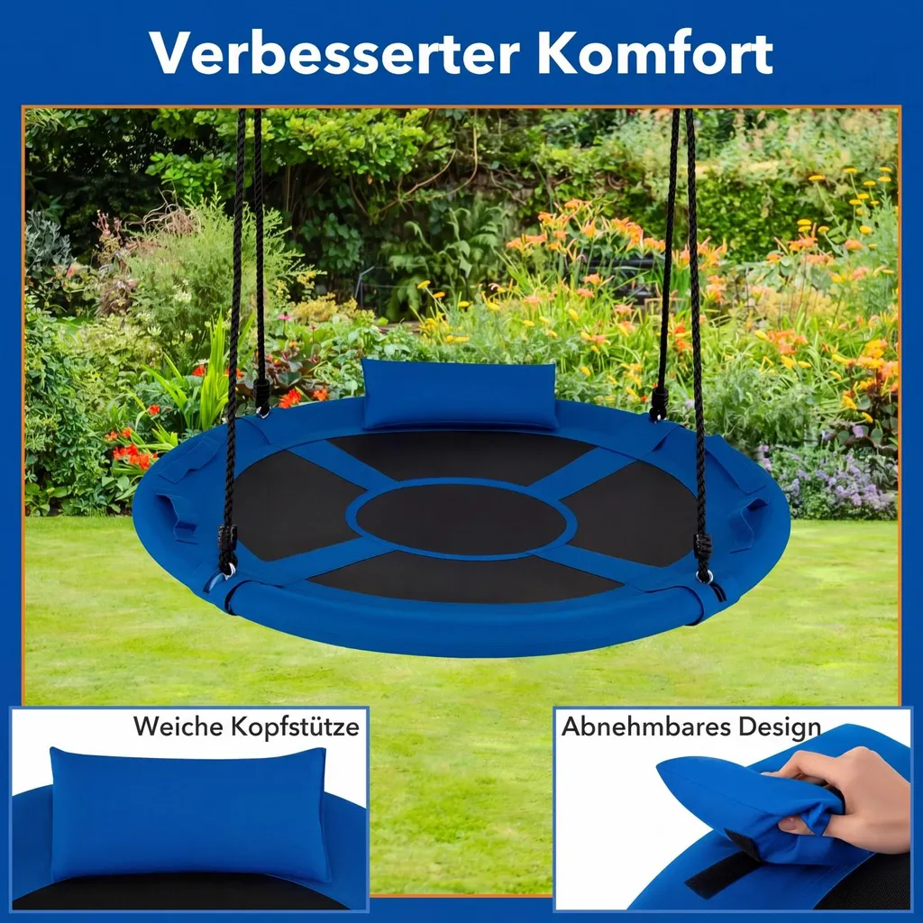 Balançoire nid pour enfants avec cordes ajustables et assise bleue 1m