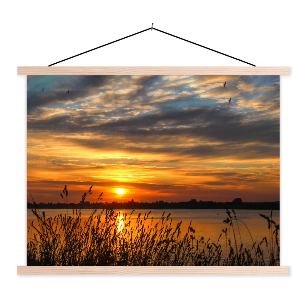 MuchoWow Textilposter Sonnenuntergang - Meer - Horizont - Himmel - Pflanzen 60x45 cm mit holzfarbenen Rahmen - Bild
