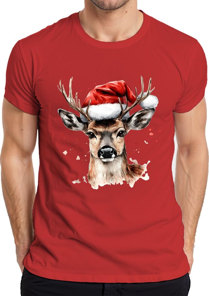 Rentier Nikolaushut Aquarell Weihnachten Geschenk Lustig Vintage Herren T-Shirt, Rot, XXL
