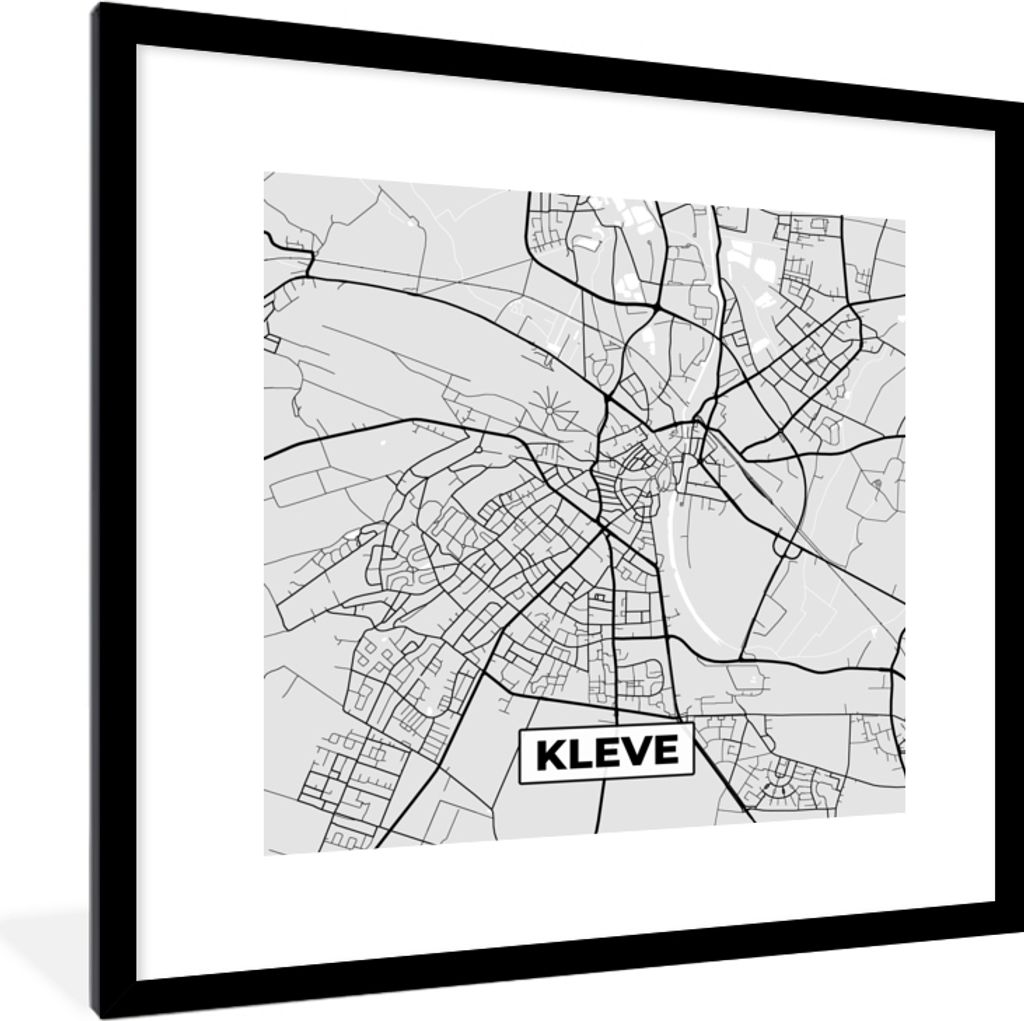 MuchoWow Gerahmtes Poster Stadtplan - Kleve - Karte - Deutschland - Karte 40x40 cm - Poster mit Schwarzem Bilderrahmen Wandposter Rahmen Foto Bil...