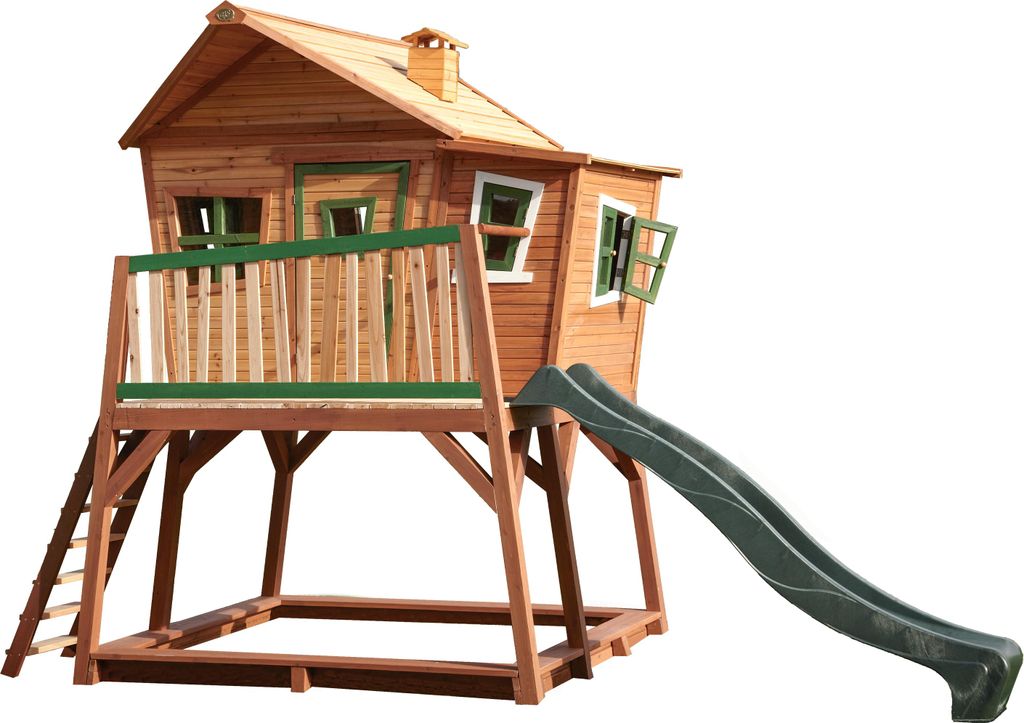 AXI Spielhaus Max mit Sandkasten & grüner Rutsche | Stelzenhaus in Braun & Grün aus Holz für Kinder | Spielturm mit Wellenrutsche für den Garten