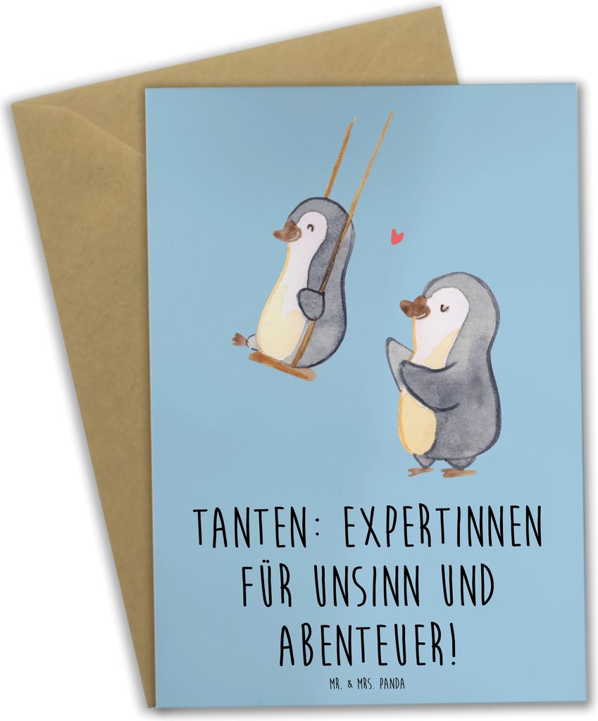 Mr. & Mrs. Panda Grußkarte Tante Abenteuer - Blau Pastell - Geschenk, einladungskarten, Familienbande, Neffe, Nichte, hochzeitskarten, Geburtstage...