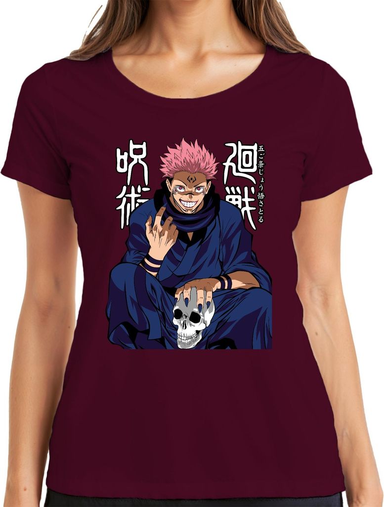 Sukuna Jujutsu Kaisen Dämon Totenkopf Anime gruselig düster Damen T-Shirt, Burgundy, XL