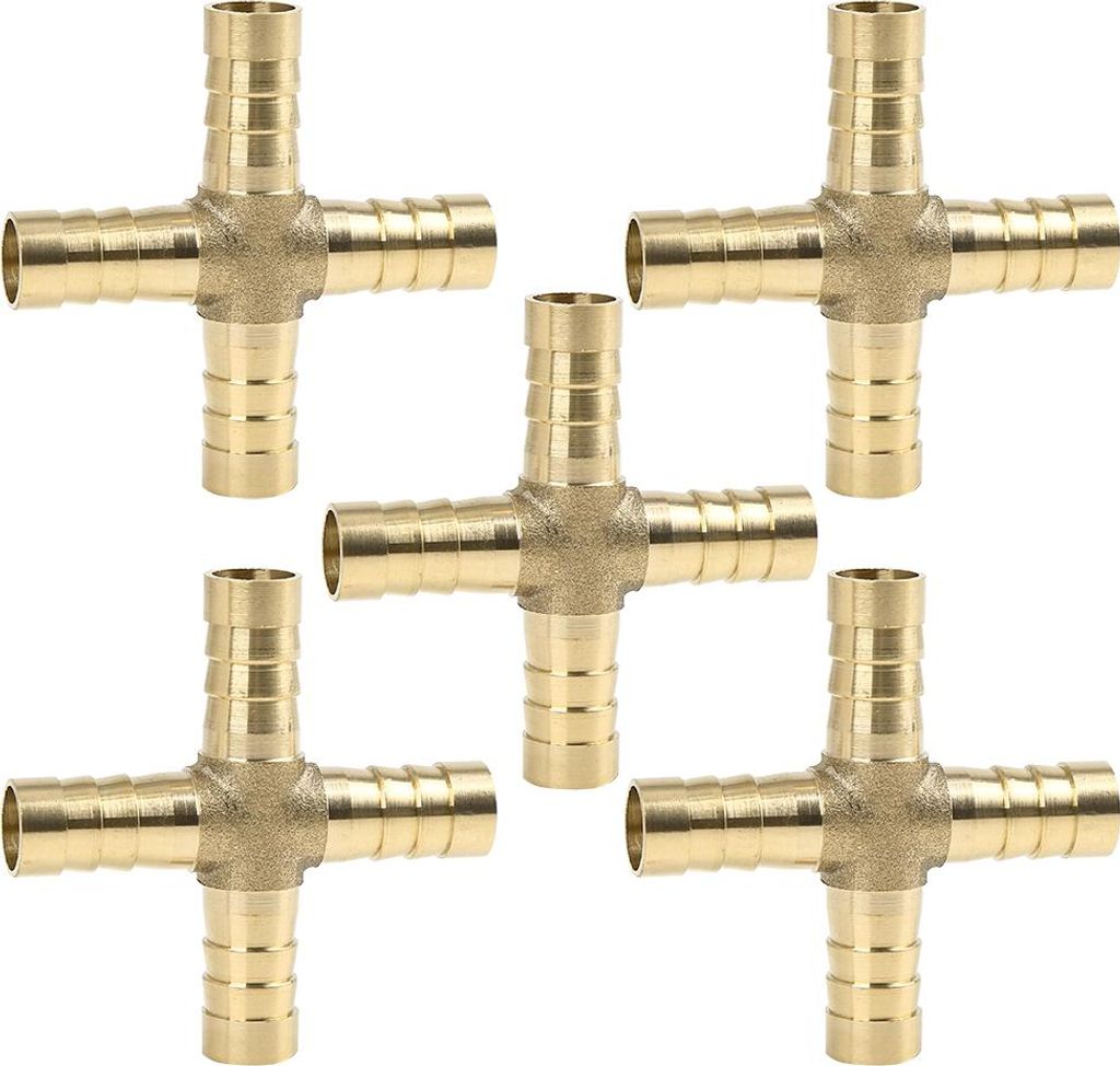 5 Stücke 10mm Messing-Schlauchtülle,Schlauchverschraubung 4-Wege Kreuzverbinder Schlauchanschluss für Luft, Wasser, Gas, Öl