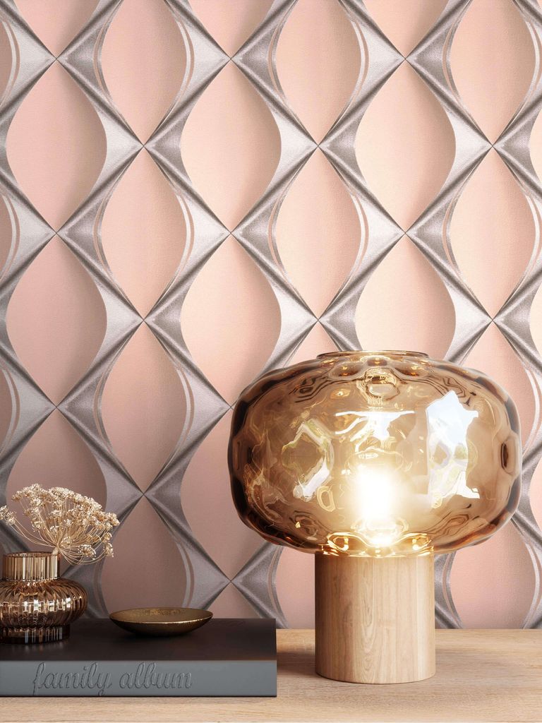 NEWROOM Tapete Rosa Vliestapete Leicht Glänzend - Retrotapete Retro Silber Vintage 3D Optik Metallic Glamour