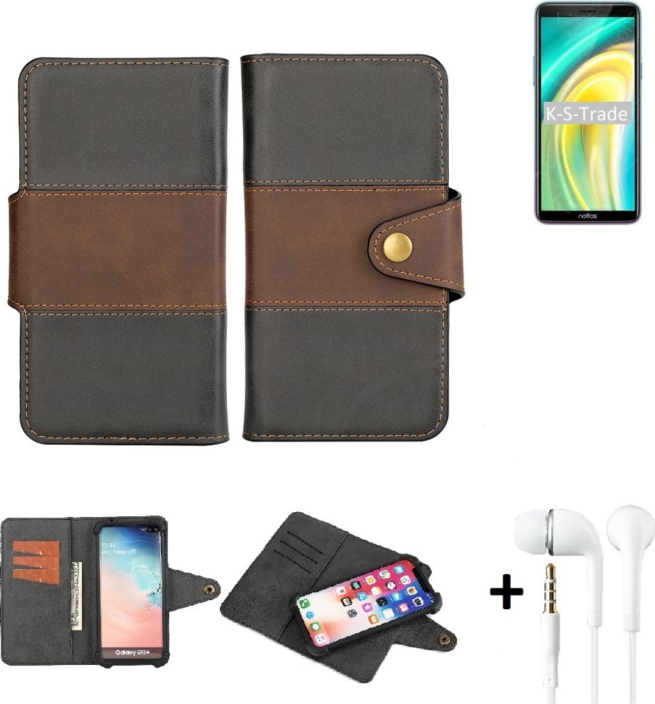 K-S-Trade Handyhülle Schutzhülle Bookstyle Wallet-Case kompatibel mit TP-LINK Neffos A5 + earphones Bumper rundumschutz schwarz-braun 1x