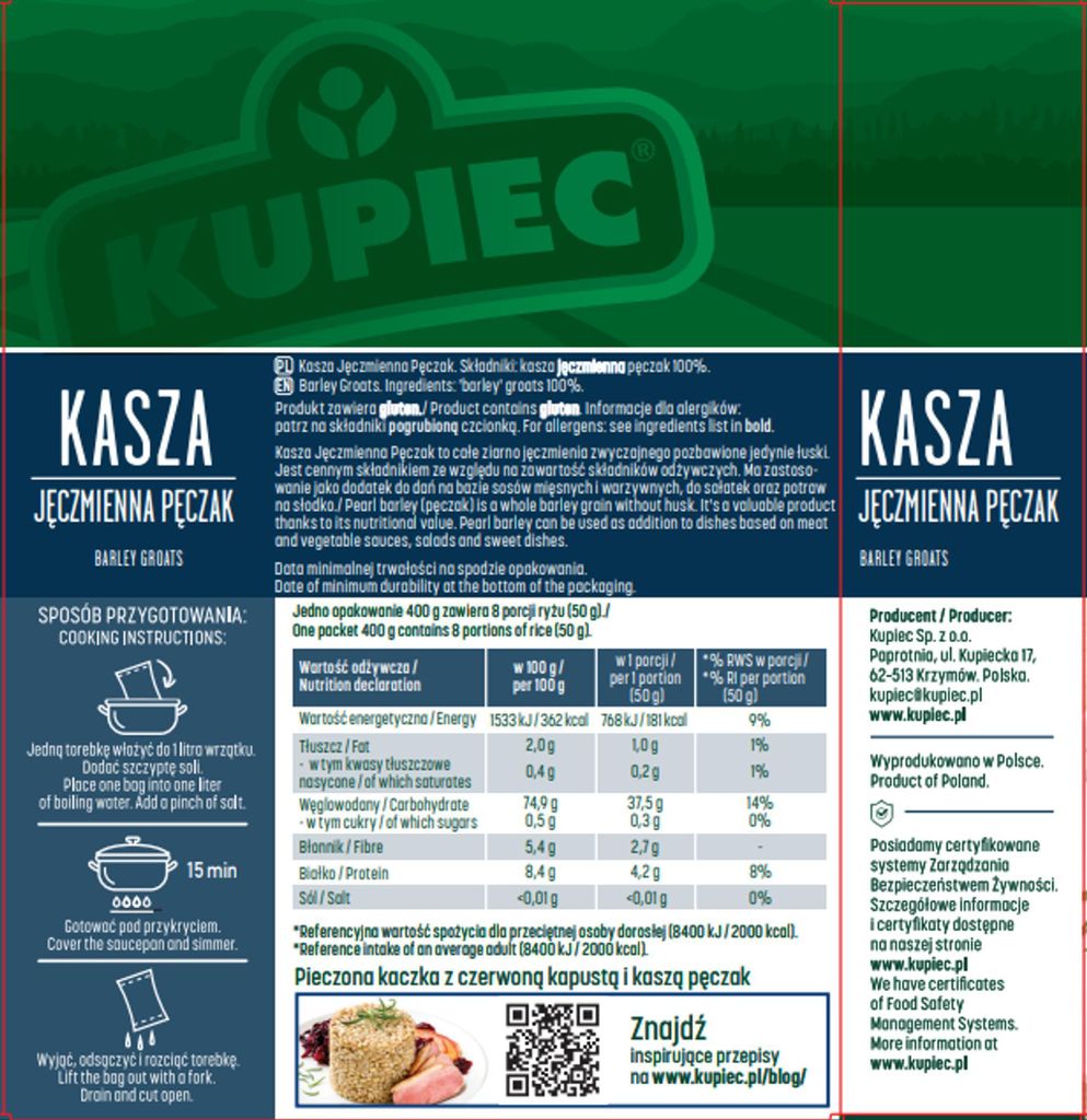 Kupiec Kasza Jęczmienna Pęczak Naturalna Polska Wysoka Zdjęcie produktu 