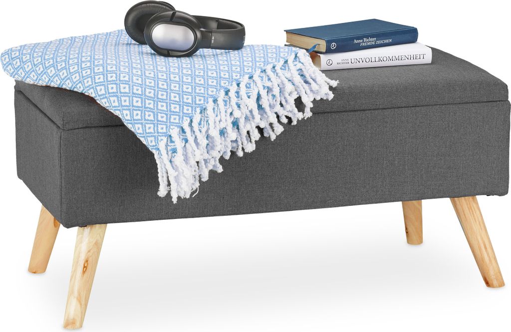 Relaxdays Sitzbank mit Stauraum, gepolstert, Holzbeine, Truhenbank Stoffbezug, H x B x T: 39,5 x 79,5 x 39,5 cm, grau