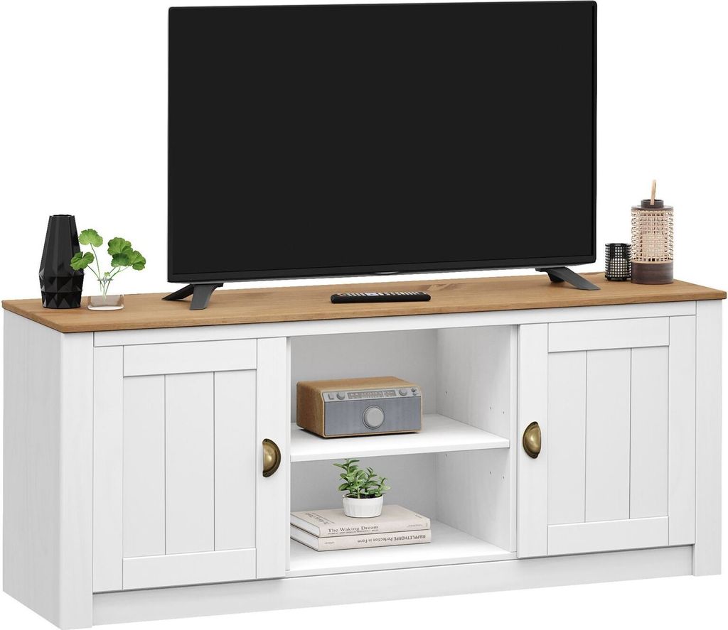 TV Lowboard BOLTON aus Kiefer Massivholz, TV Bank im Landhausstil mit 2 Türen und Muschelgriffen, Lowboard aus Kiefer, Massivholz lackiert in weiß/braun