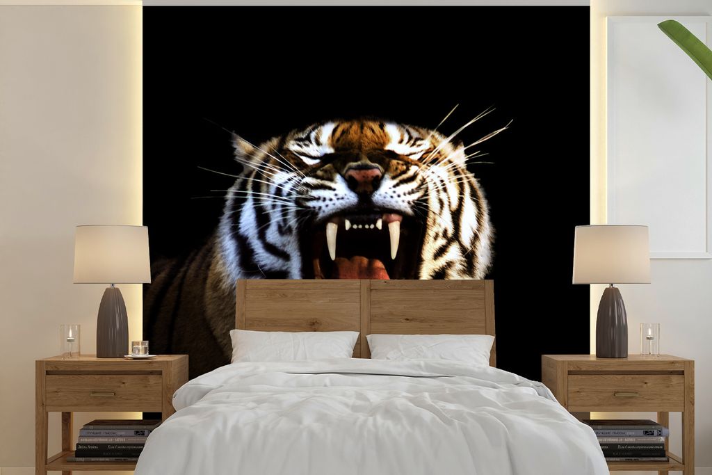 MuchoWow Fototapete für Wohnzimmer oder Schlafzimmer Wandtapete Vinyl Motivtapete Tiger - Zähne - Schwarz - 300x300 cm - Wanddekoration