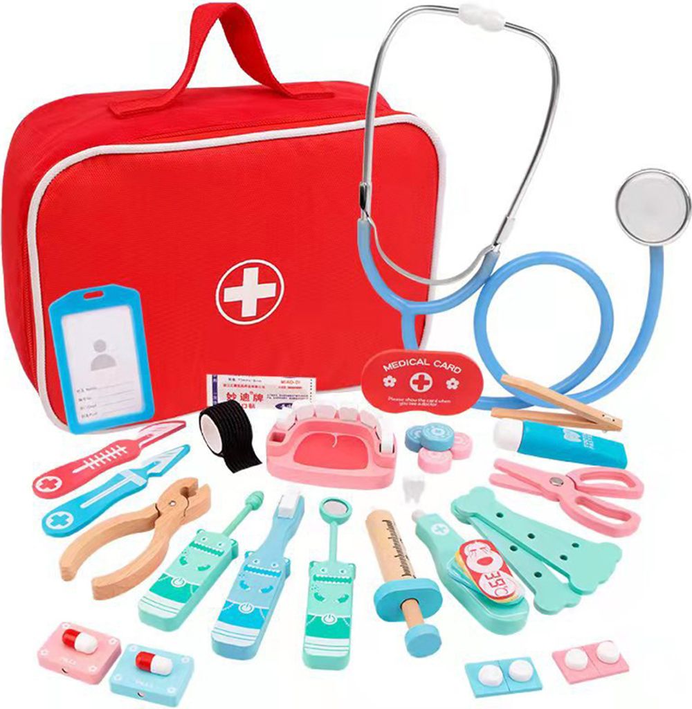 Kinder Arztkoffer Holz Arztkoffer 41 Stück mit Tasche Stethoskop Handy Brille Zahnarzt Spielzeug für Rollenspiele Geschenk zu Weihnachten Geburts...