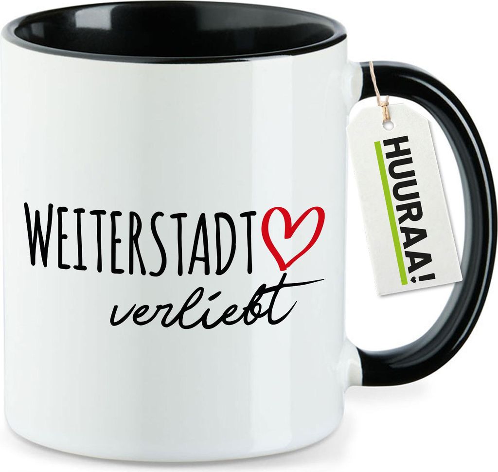 Huuraa Kaffeetasse Weiterstadt verliebt 330ml Schwarz Keramik Kaffeebecher Geschenkidee