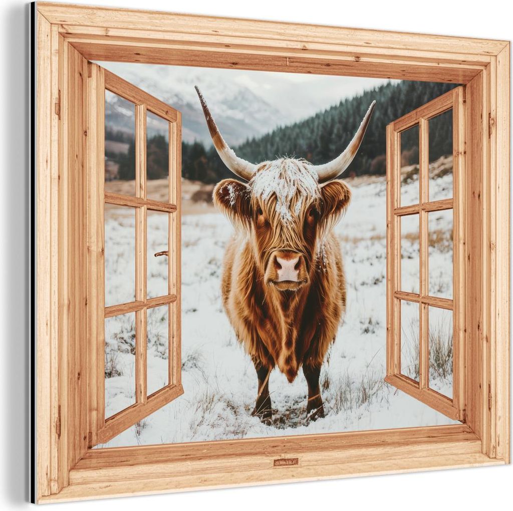 MuchoWow Wanddekoration Metall Metallbild Wandkunst 40x30 cm Schottische Hochlandrind - Landschaft - Ländlich - Berge - Winter - Ansichten MuchoWo...