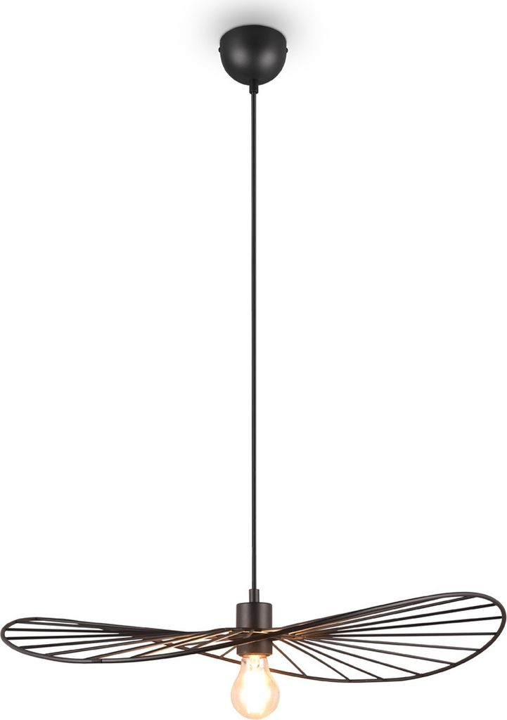 A black pendant light with a wide, fan-like shade and a visible light bulb, suspended from a black cord against a white background.