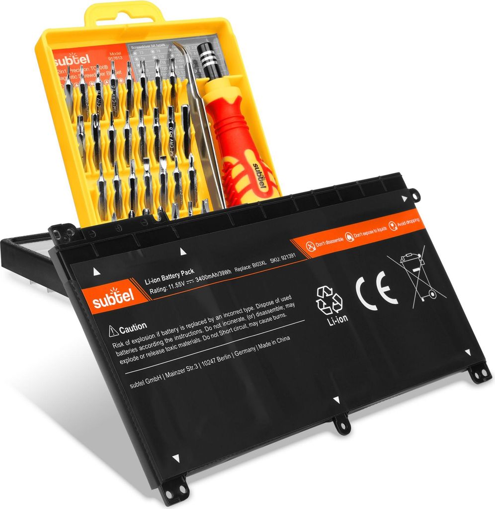 subtel 1x Akku für Notebook Kompatibel mit HP Pavilion X360, Stream 14, Stream 14-AX, BIO3XL - (3400mAh, 11.55V) + Werkzeug-Set