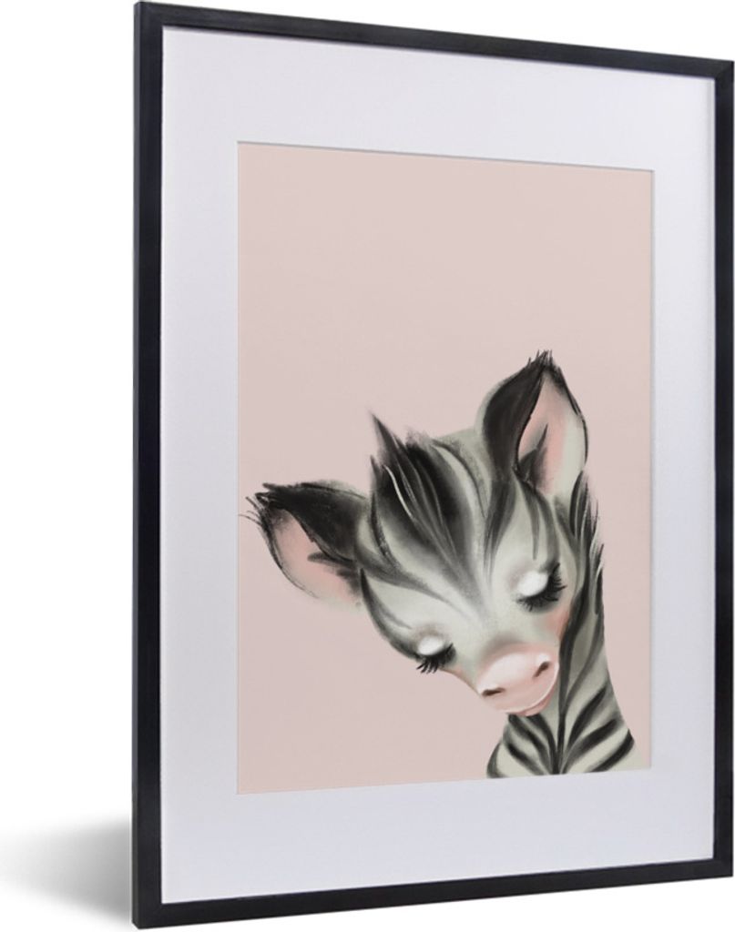 MuchoWow Gerahmtes Poster Zebra - Rosa - Pastell 30x40 cm - Poster mit Schwarzem Bilderrahmen Wandposter Rahmen Foto Bilder - Wandposter Schlafzi...