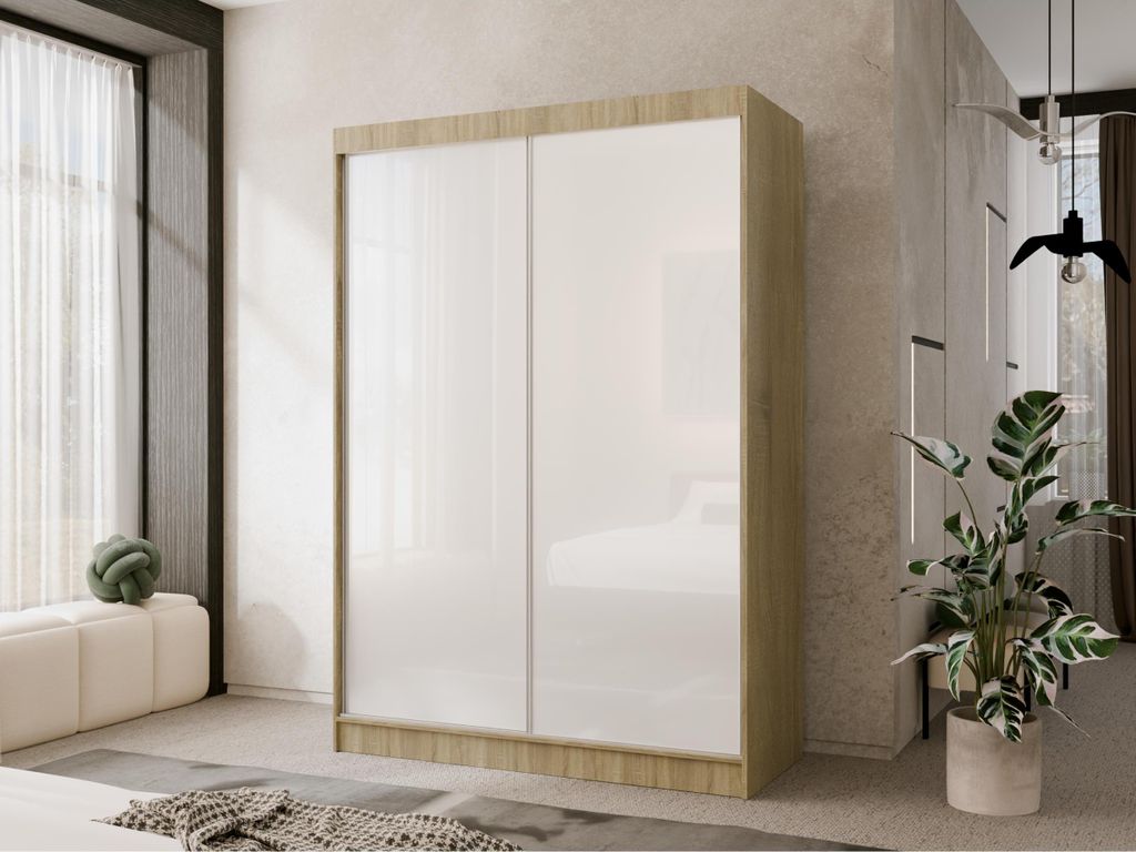 Eleganter Kleiderschrank mit Glasfronten Mira 150 cm, 2-türiger Schwebetürenschrank fürs Schlafzimmer Eiche Sonoma, Kleiderschrank mit Einlegeb...