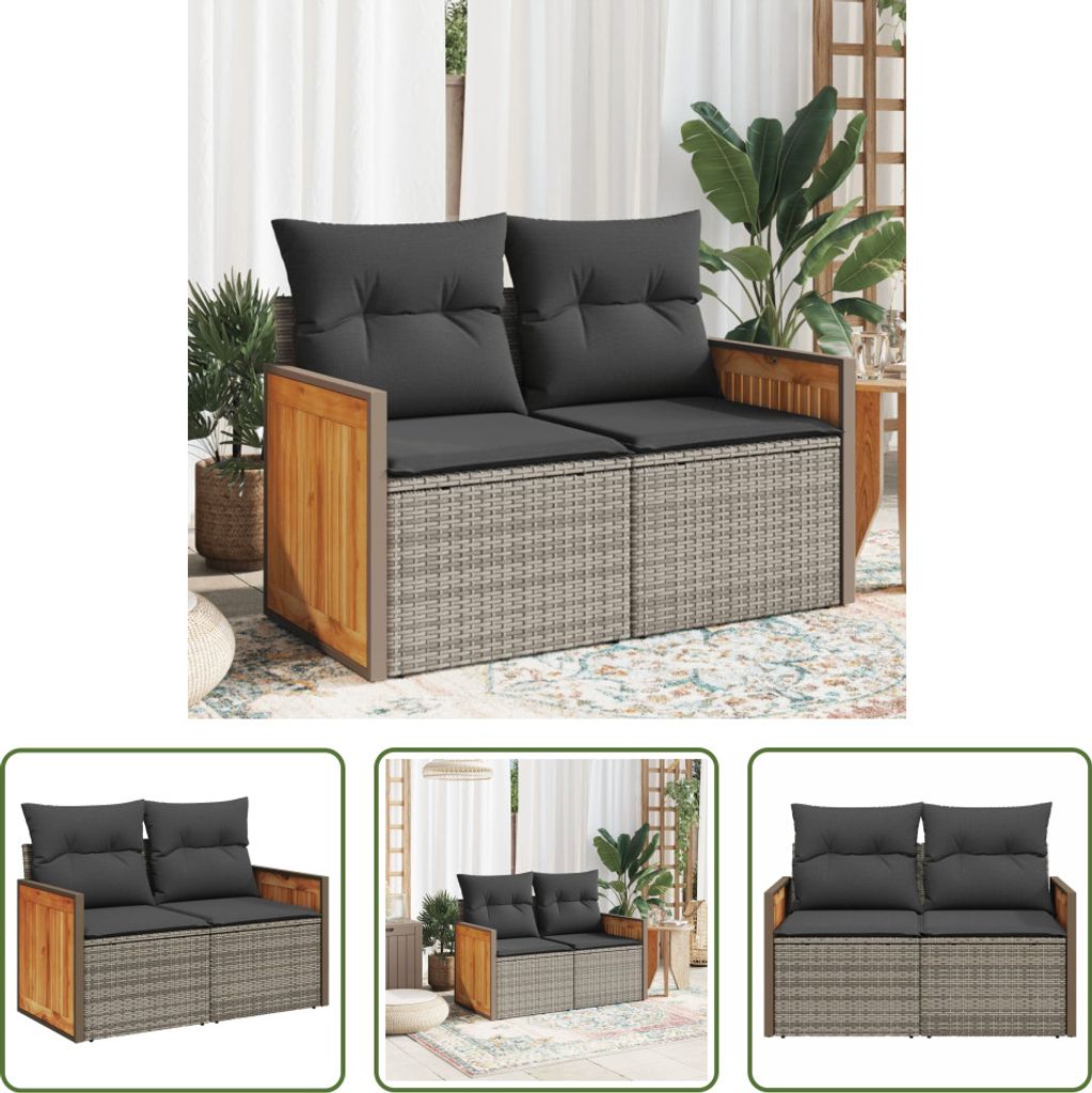 The Living Store Gartensofa 2-Sitzer mit Kissen Grau Poly Rattan