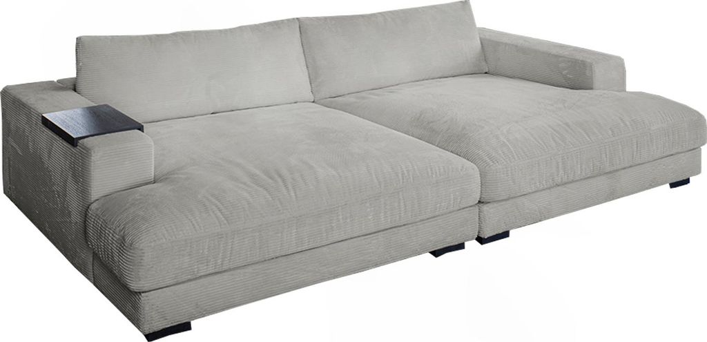 KAWOLA Big Sofa MADELINE mit Holztablett schwarz für Armlehne Cord hellgrau