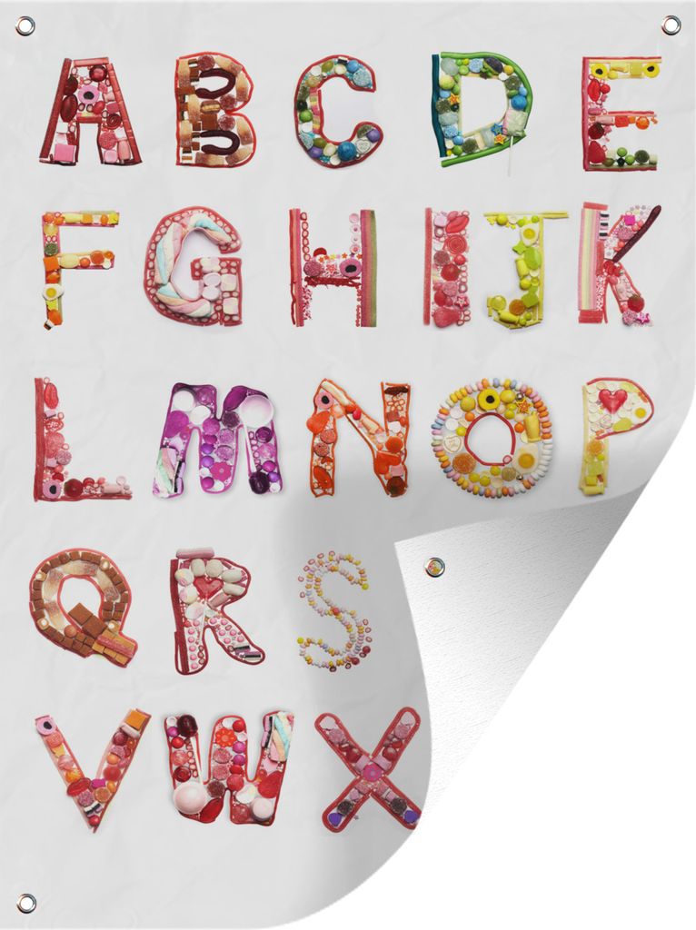 MuchoWow 30x40 cm Outdoor-Poster Gartendeko Sichtschutz Garten Poster für den Garten Bunte Süßigkeiten Buchstaben auf einem weißen Hintergrund